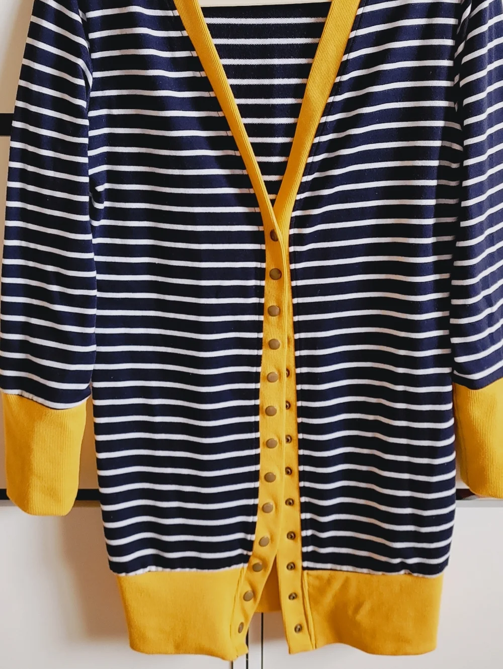 Navy and White Long Striped Cardigan with Yellow Trim - Picture 3 of 8